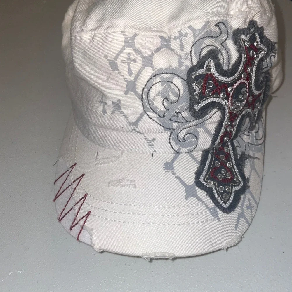 BKE White Military Style Hat Rhinestone Cross Adjustable Cap - Picture 2 of 5